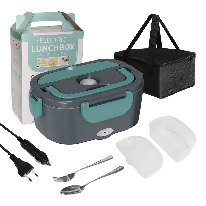 Electric Heating Lunch Box Set, Portable Insulated Food Warmer, 12V 220v Car & Home Use, Includes Fork Spoon, Stainless Steel, Heated Meal Container