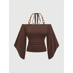 Summer Outfit Hippie Vintage Loose Off-Shoulder Wooden Bead Decor Bat-Wing Sleeve Women T-Shirt Fabric Fit Top Womenswear Coffee Brown Colorblock Casual Beach Wear Blouses Ruched