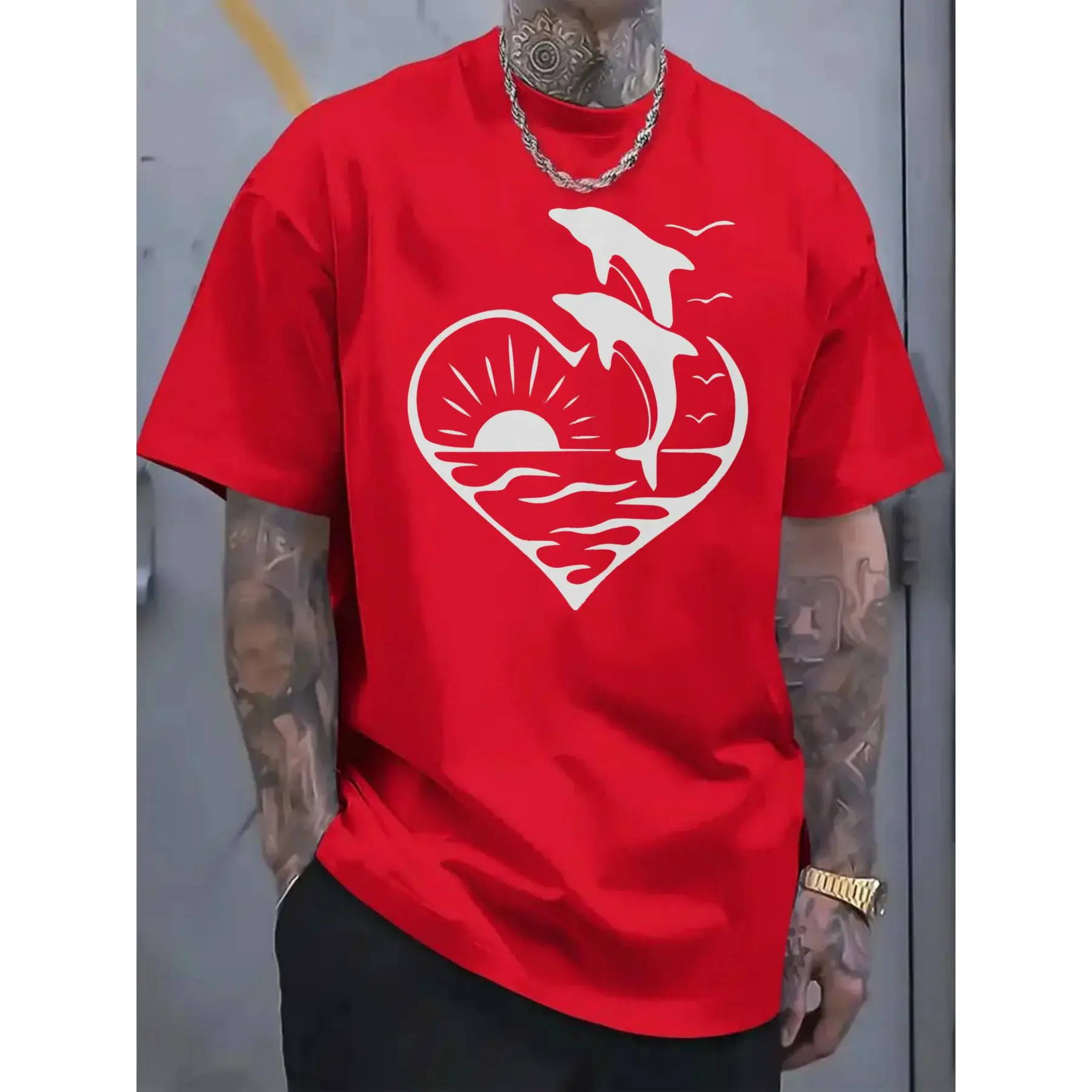 2025 Men'S New Casual Pure Cotton T-Shirt, Heart-Shaped Design Featuring Dolphins Leaping Over Waves with a Sunset Motif, Stylish And Comfortable for Everyday Wear. Men'S Summer Outdoor Clothing.