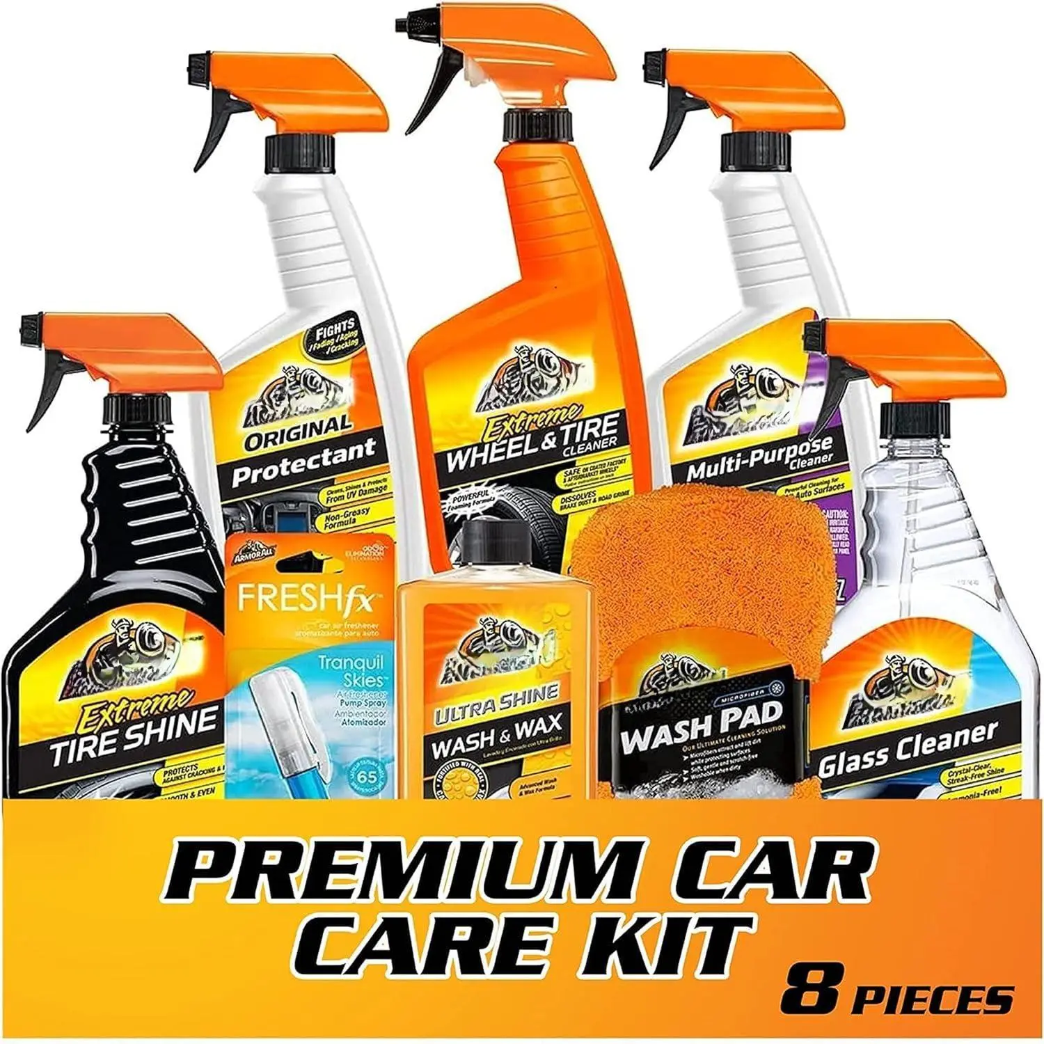 Premier Car Care Kit  Includes Wax & Wash Glass Cleaner Air Freshener Tire Wheel (8 Piece Kit)