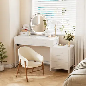 Homieasy Reversible Computer Desk with 5 Drawers, Sturdy Office Desk with Power Outlets and USB Ports, Study Writing Table with File Cabinet & Printer Stand, Vanity Desk with Storage, White