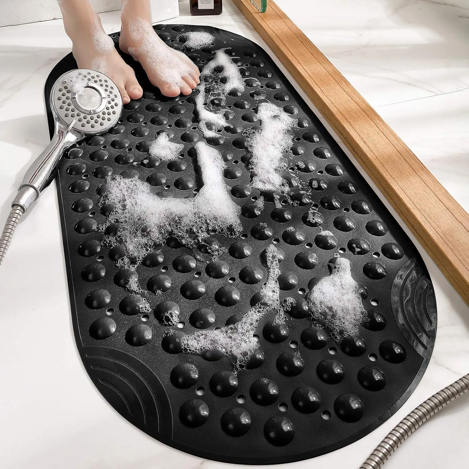 DEXI Rectangle Non-Slip Bathtub Mat - 39x16in Durable Cover, Suction Cups, Drain Holes, Machine Washable for Tub Shower Floor, Home Bathroom Essentials