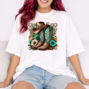Cowboy Boots and Hat Floral Graphic Tee | Western Turquoise Floral Shirt