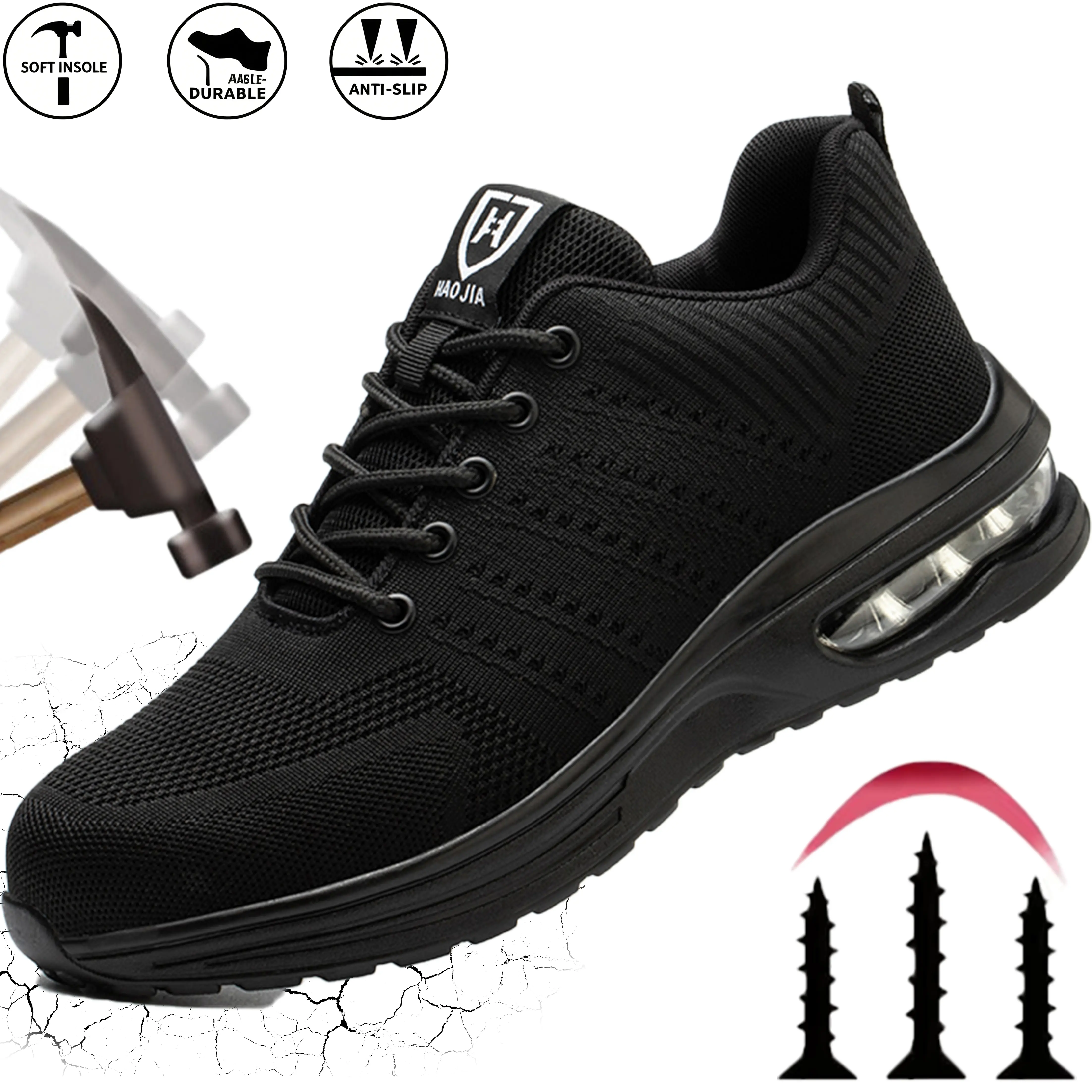 Men's Fashion Summer Breathable Sports Safety Shoes Lightweight & Comfortable Work Footwear Steel Toe Anti-Smash Puncture-Proof Protective Shoes for Construction Sites Outdoor & Hiking