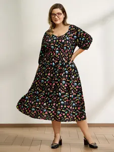 【Summer Turn-Up】BLOOMCHIC Women's Playful School Print Rayon Deep Neck Midi Dress, Casual Fit, Lantern Sleeve, Casual Wear, Multicolor Summer Dress, Ideal Gift for Easter Day, Mother's Day 2026 Summer Pick for Mother's Day
