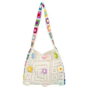 Women's Boho Crochet Floral Cutout Tote Bag - Vintage Woven Handbag with Fabric Shoulder Strap, Lightweight Large-Capacity Beach Purse for Boho Outfits, Travel, Daily Use summerwins