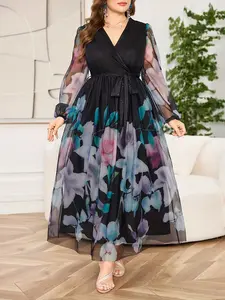 Plus Size Vintage Floral Mesh Long Dress, Elegant Romantic Chic Style with Bohemian Flare, Long Sleeve, All over Print, Womenswear, Women's Fashion