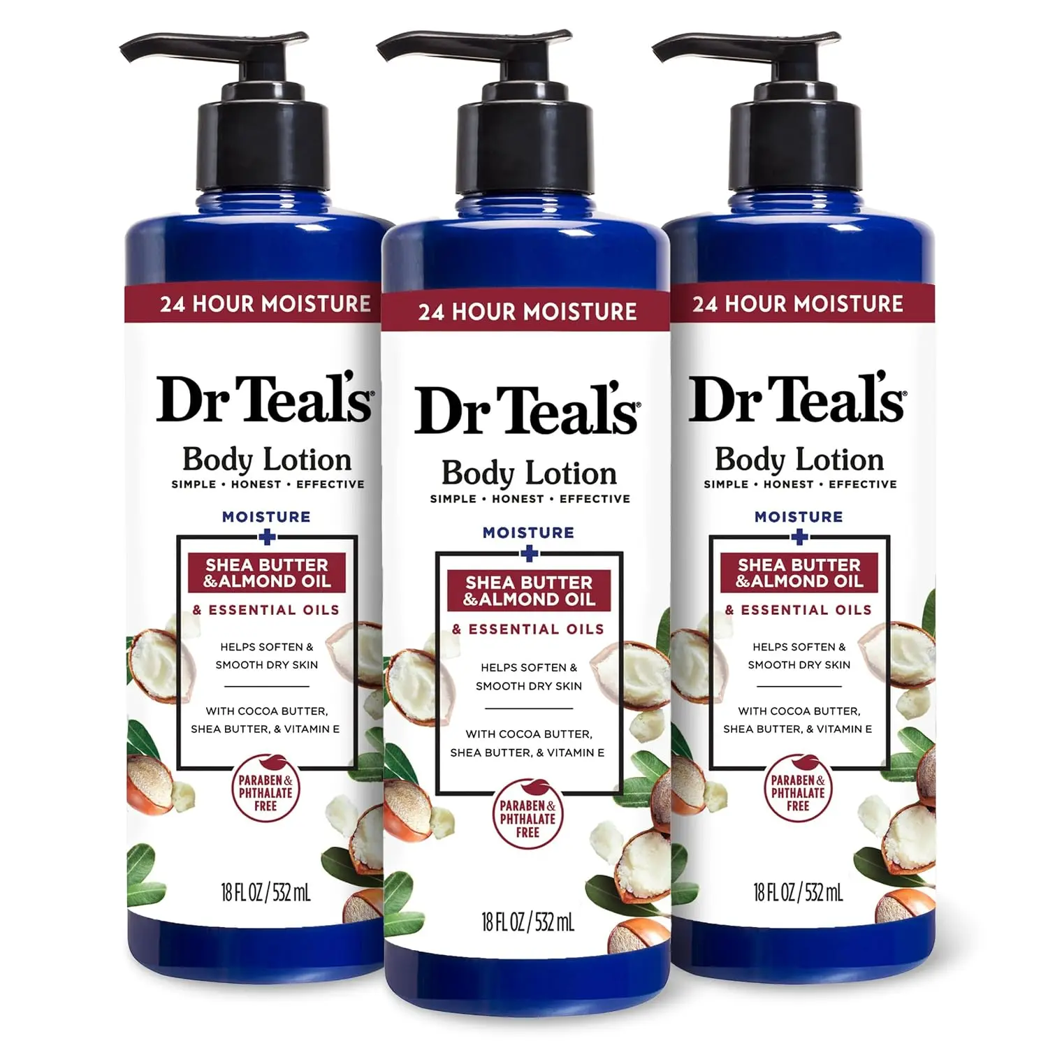 Dr Teal's Body Lotion, Shea Butter & Almond, 18 fl oz (Pack of 3)
