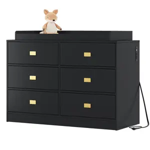 6-Drawer Dresser with Changing Topper & Built-in Power Outlets | Multi-Functional Baby Nursery Organizer with Soft Changing Pad & Removable Top