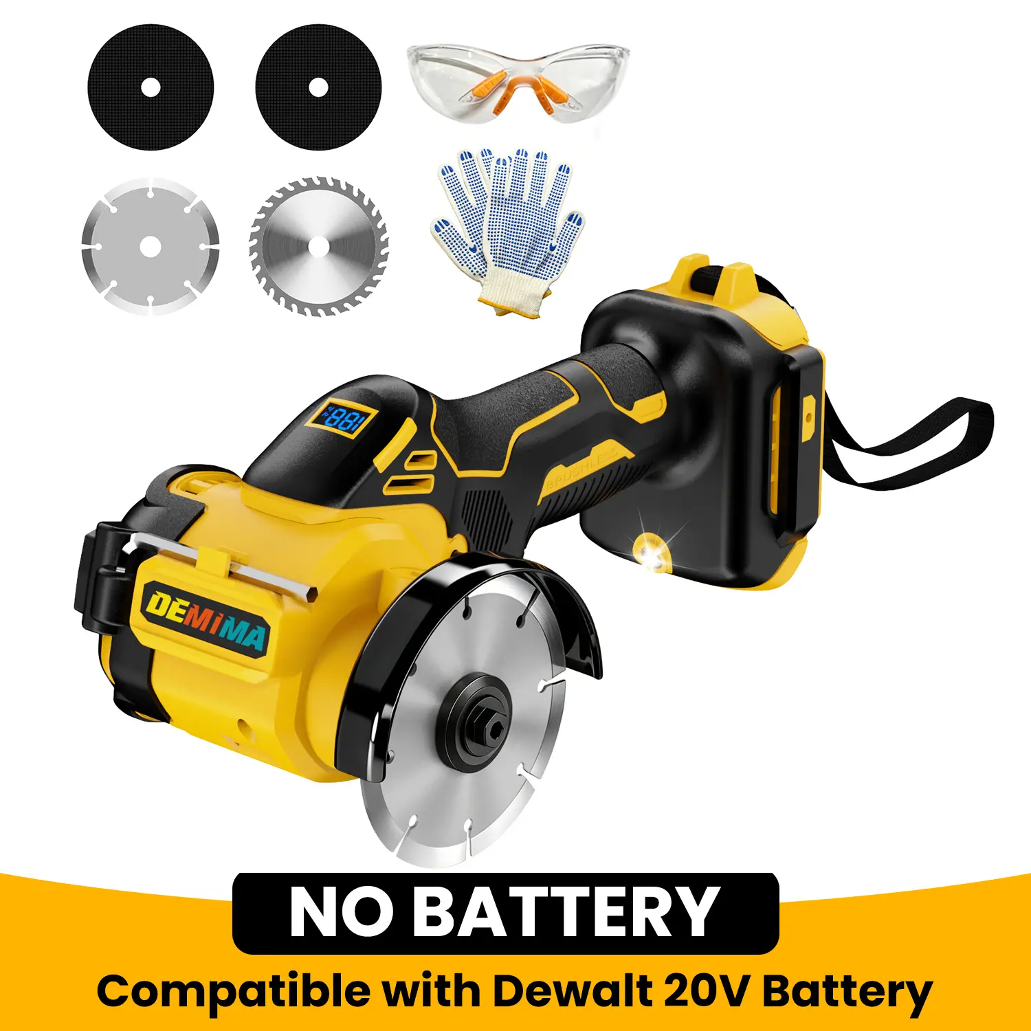 DEMIMA Cordless Cut Off Tool Compatible with DeWalt 20V Battery, 3-Inch Brushless Mini Cut Off Saw 18000 RPM with Variable Speed, Includes 4 Cutting Wheels for Metal, Wood & Plastic (Tool Only)