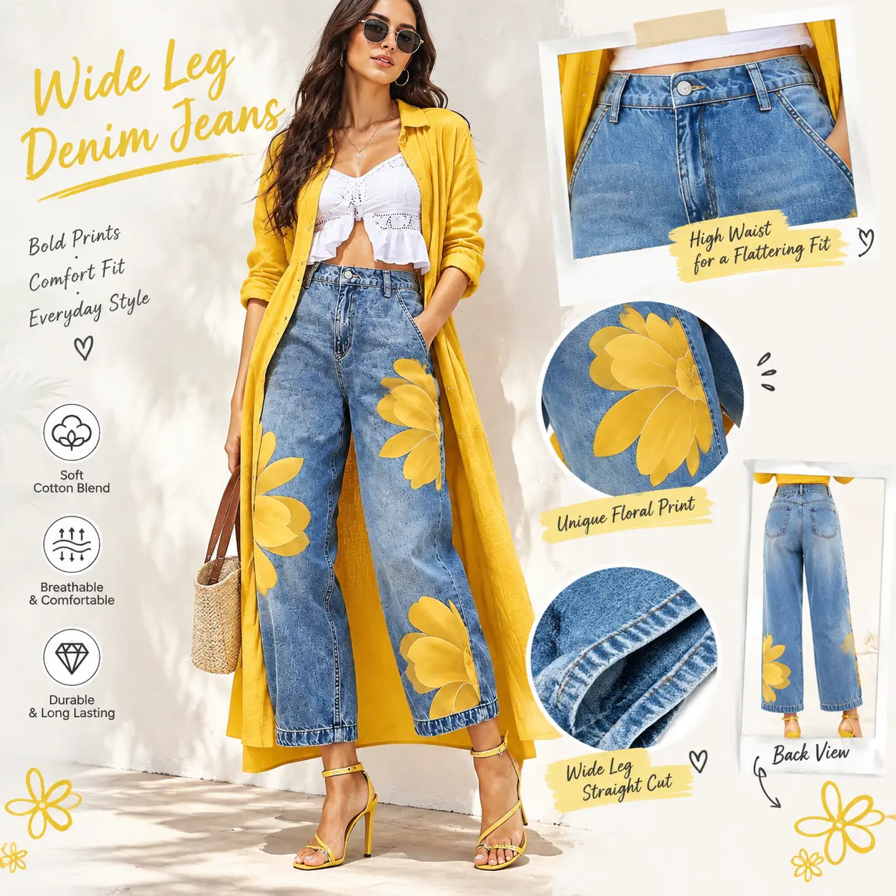 Women's Wide-Leg Jeans – Printed Cropped Jeans | High-waisted, loose fit, elastic back waist, floral print; stylish, casual jeans.