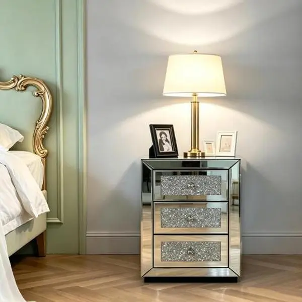 Silver Finish 3-Drawer Mirrored Nightstand – Luxury, Metal-Tone, Shiny Bedside Table with Glass Accents, Glam Glitter Details for Bedroom, Living Room, Luxury Bedside Tables, Metal-Tone Bedside Tables