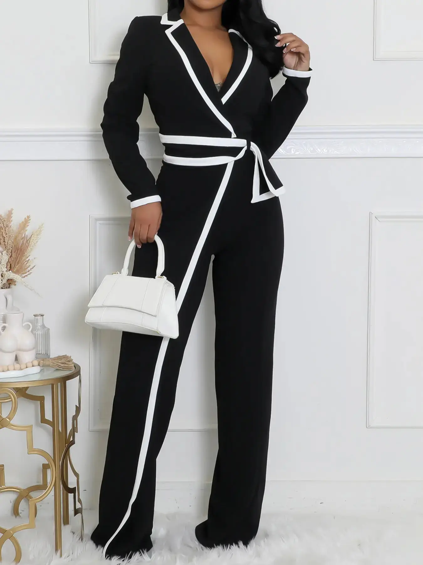 Women's Patchwork Print Belted Overalls Jumpsuit, Elegant Fitted Knit Long Sleeve Jumpsuit for Work Office Business, Ladies Womenswear Fall & Winter Clothes Piece