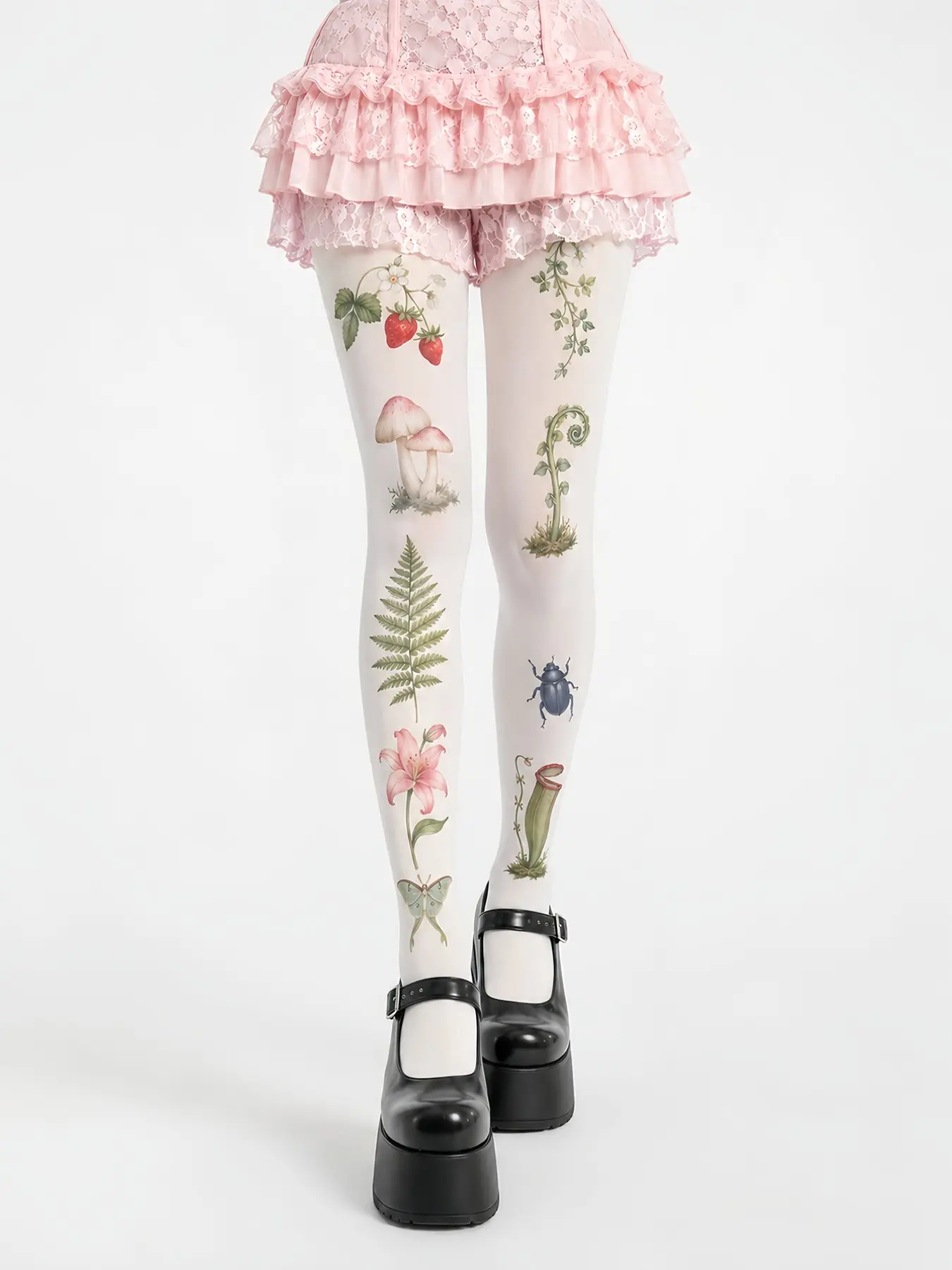 Women's Printed Pantyhose, Botanical Mushroom Strawberry & Insect Graphic Tights, High Waist Slim-Fit Stockings for Spring Fall