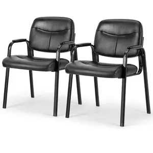 【Deal】SweetFurniture Waiting Room Reception Office Guest Chair, Conference Room Lobby Chair with Padded Arms, Desk Chair No Wheels Leather