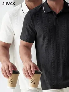 Men's Solid Color Jacquard Knits Polo Shirt, Regular Fit Casual Breathable Short Sleeve Collared Top for Summer, Fashion Men's Clothes for Daily Wear