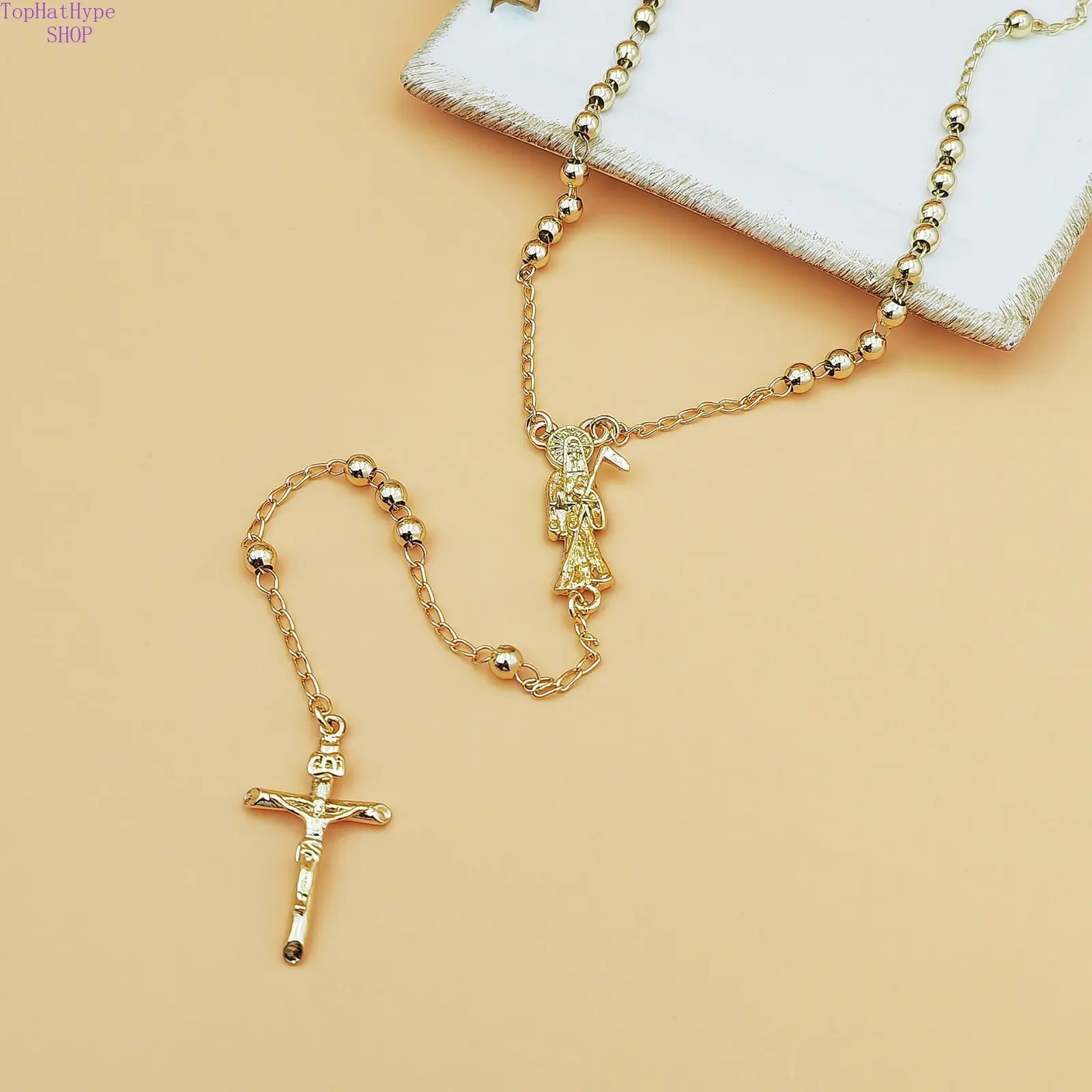 Gold Virgin Mary Cross Pendant Necklace Catholic Rosary Chain Clavicle Necklace Luxury Minimalist Religious Jewelry for Women Trendy Classic Design Daily Party Prayer Versatile Lightweight Adjustable Necklace