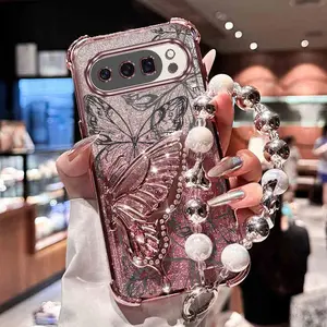 Pixel10 Pro Popular Golden Luxury Jewelry Pearl Stand Lanyard Strap Lanyard Phone Holder Case Accessories For Compatible With Google Pixel 10 Pro Transparent Glitter Shiny Cover and Shockproof Butterflies with Artistic Charm Protector Cases