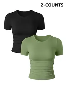 Women's 2-Pack Sporty Short Sleeve T-Shirts, Compression Sports Tee, Seamless Round Neck Yoga Tops, Tight-Fitting Woven Fabric, Ideal for Gym & Fitness Activities, Gym Athletic Clothes