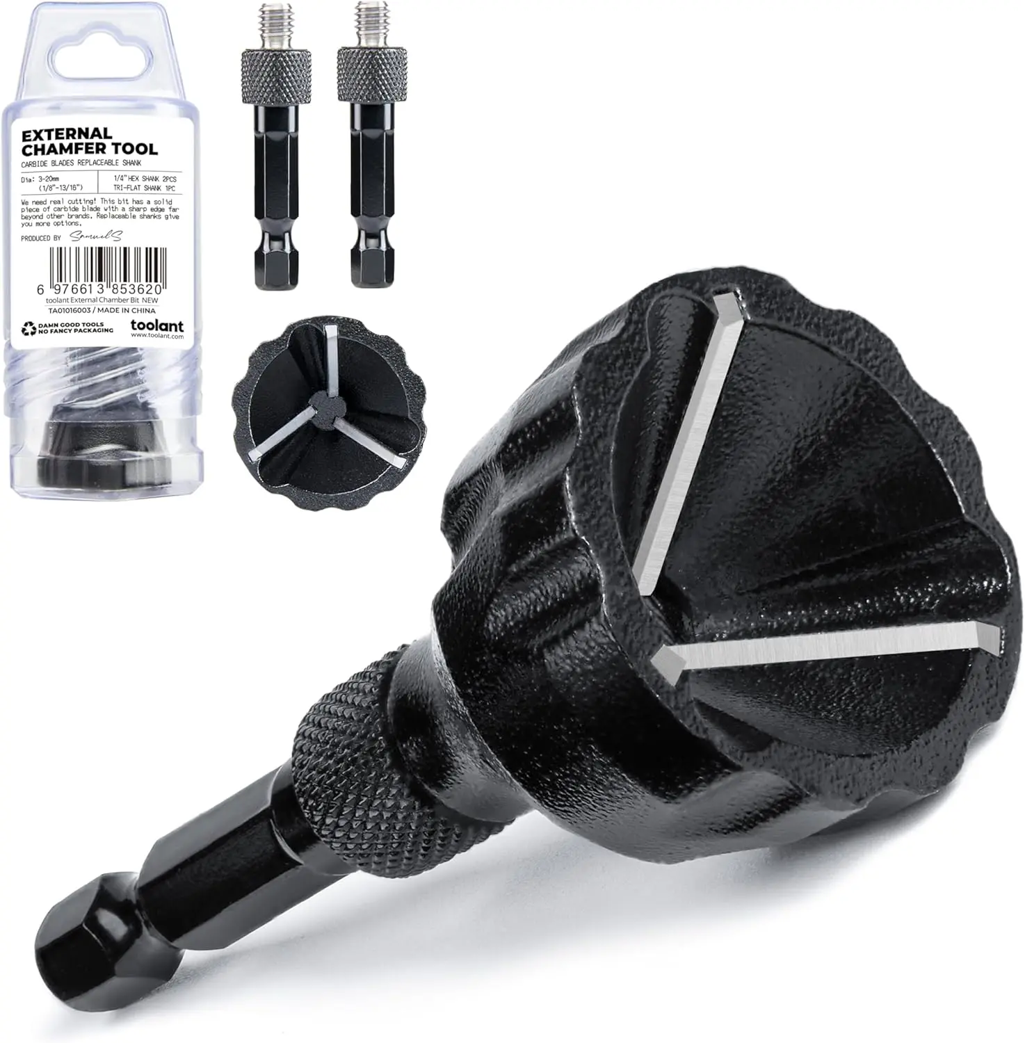 Toolant External Chamfer Deburring Tool - Durable Carbide Blades, Quick Release 2 Hex Shanks, Anti-Corrosion Black Oxide Coat, 3mm-20mm Working Diameter for Cutting Copper, Aluminum Materials, External Chamfer Tool, Anti-Corrosion Coat, Heat-Resistant, Hi