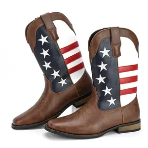 2026 New Fashion USA Flag Leather Cowboy Boots for Men -Square Toe Botas with Classic Embroidered,Comfortable and Fashion Soft PU Leather,Fashion Closed Walking Shoes Decor Footwear