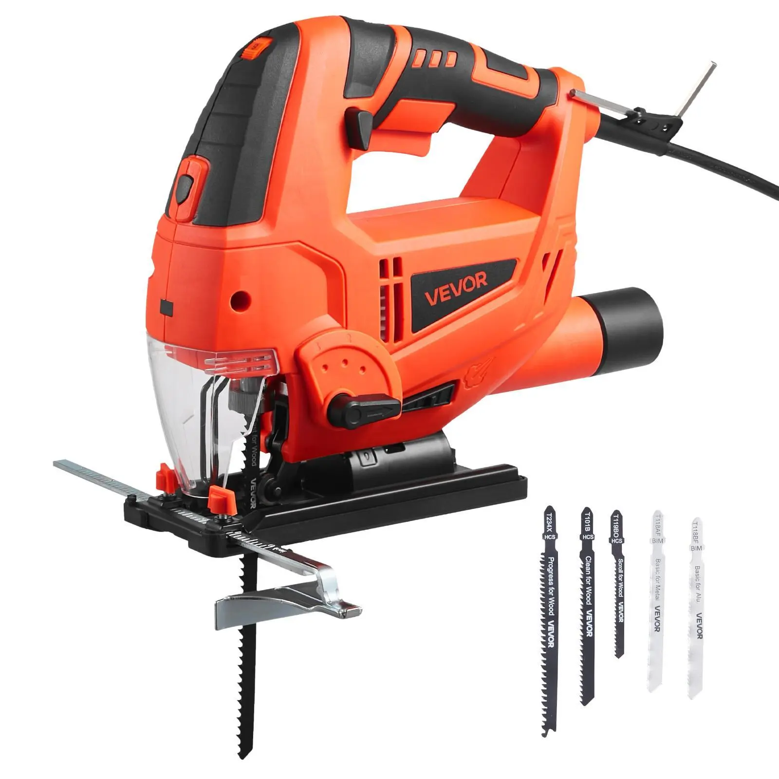 【toolupgrade】VEVOR Electric Jigsaw, 6.5 A Construction Power Tool, 0-3000 SPM Blade Speed, 6-speed Variable Control, 6 Pcs Blades, LED Light, 0-45° Bevel Cuts, 4 Orbital Settings for Wood & Metal Cutting, Versatility, Bi-Metal Jig Saws