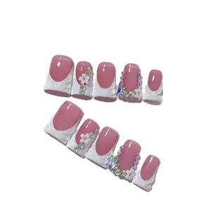 Hailey's duck shape shiny gems flower white french tips luxury acrylic handmade press on nails A11