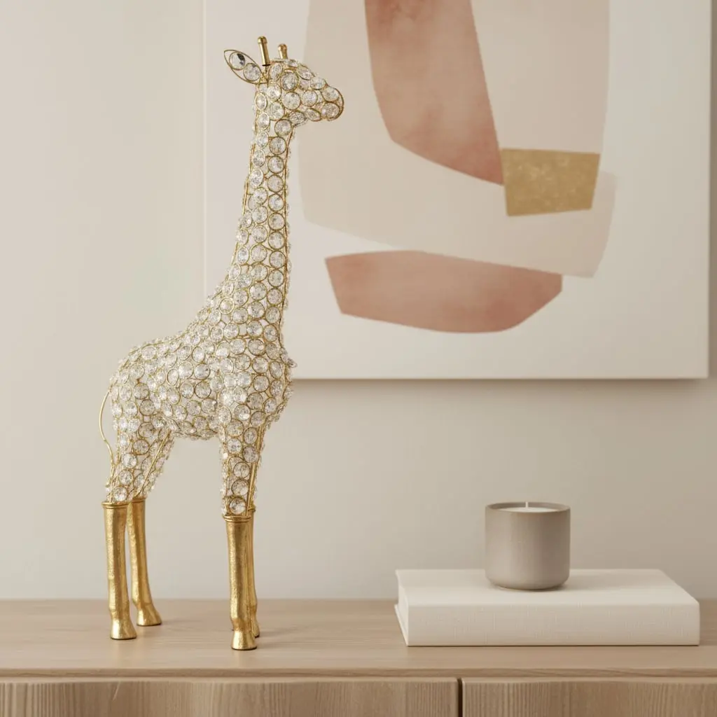23 in Handcrafted Gold Crystal-Iron Giraffe Figure - 360 Stand Modern Tabletop Sculpture, Living Room Decor Home Supplies, Collectible Figurines, Ideal Gift for Home Enthusiasts, Animal Design, Handmade