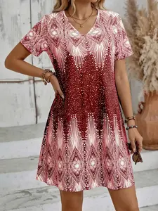 2026 Summer New Geometric Stripe Print Dress, Vintage Abstract Pattern V Neck Short Sleeve T-Shirt Dress, Beach Summer Dress, Loose Fit, Casual Style, Comfortable Daily Wear, Everyday