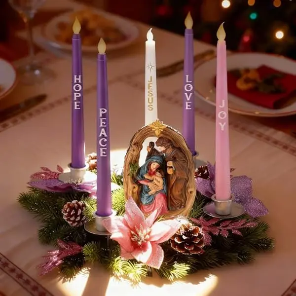 Christmas Advent Wreath Candle Holder Set, Flameless LED Taper Candles, Xmas Holiday Table Centerpiece Decor for Home Party Decoration