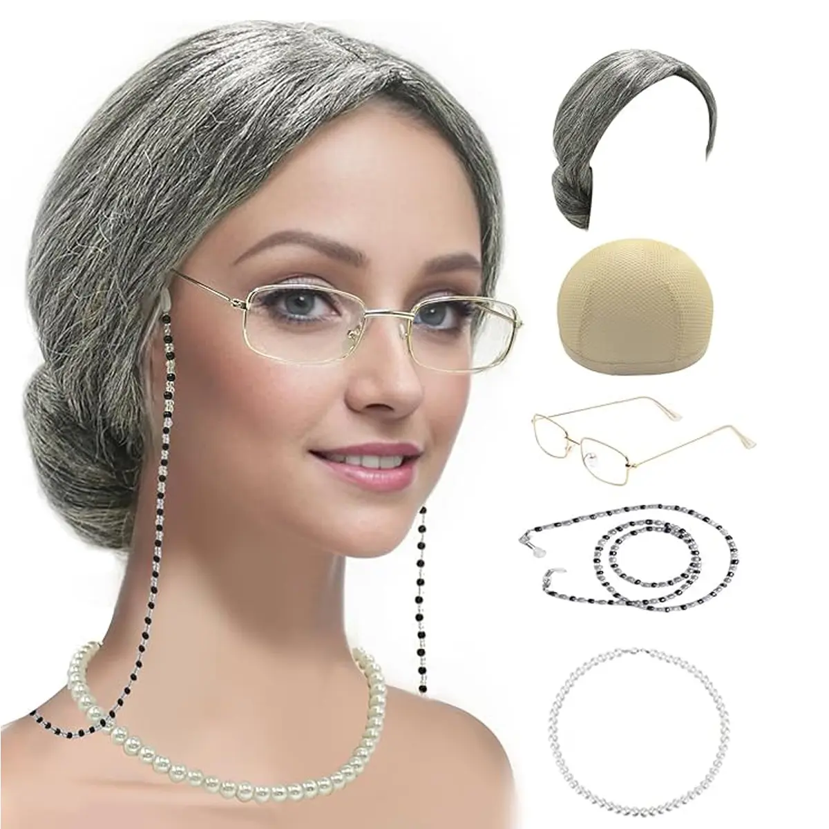Old Lady Costume Set Grandma Wig Cap Madea Granny Glasses Eyeglass Chains Cords Faux Pearl Bead Necklace Cosplay Set 5 Pieces