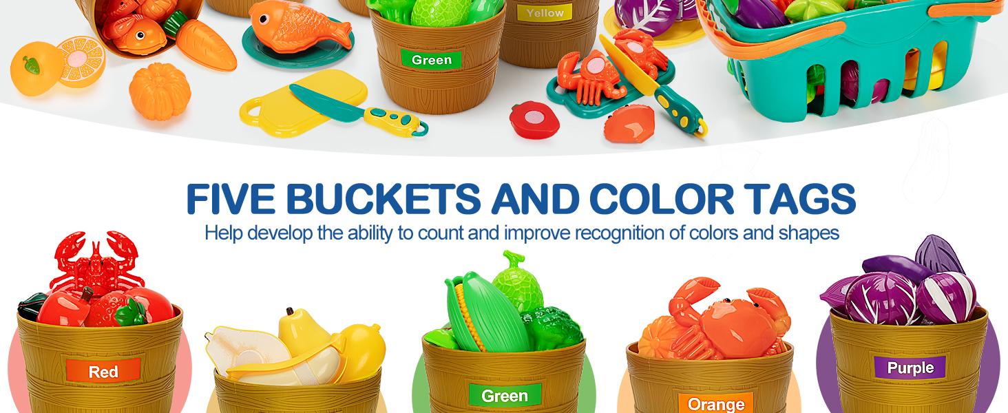 Play Food Set for Kids Kitchen- 68 Pcs Kitchen Food Toy for Toddlers, Cutting & Color Sorting Fake Food/ Fruit/ Vegetable Accessories, Birthday Gifts for 3 4 5 Years Old Boys Girls