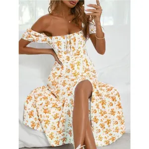 Floral Knot Split Thigh A-Line Milkmaid Dress Vacation Beach Outfits Women Casual Shortsleeve Summer White