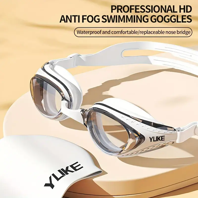 1 Pair of Professional HD Anti-Fog Waterproof Swimming Goggles for Men & Women - Comfortable, Replaceable Nose Bridge, White Frame with Clear Vision - Ideal for Swimming No Leaking UV Protection Pool Essentials
