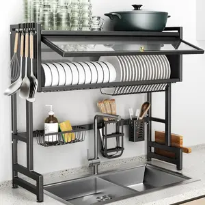 Over The Sink Dish Drainer Drying Rack 3 Tiers with Cover Stainless Steel Space-Saving Organizer for Dishes Bowls Cutlery 33.4W