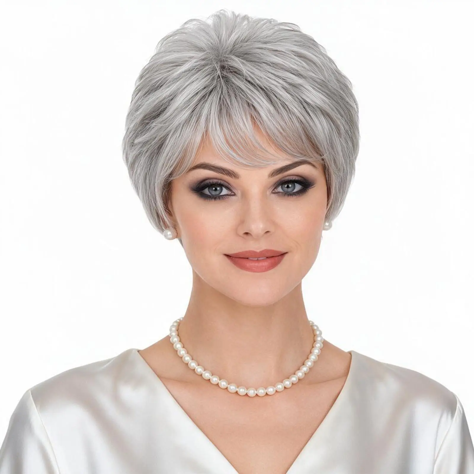 Grey Wig Short Layered Natural Curly Wig with Bangs Heat Resistant Replacement Hair Wig for Older Women Mommy Costume Granny Outfits Wigs