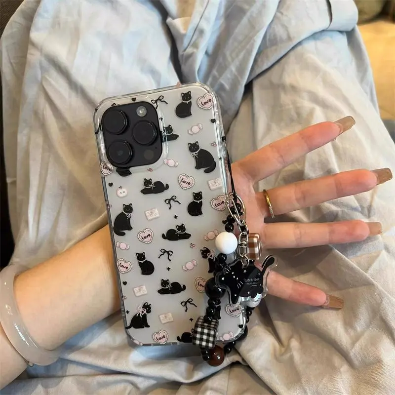 Crystal transparent white light black cat magic book protective phone case Protection with cat tag chain for iPhone 11 12 13 14 15 16 promax Cover Protector Accessories