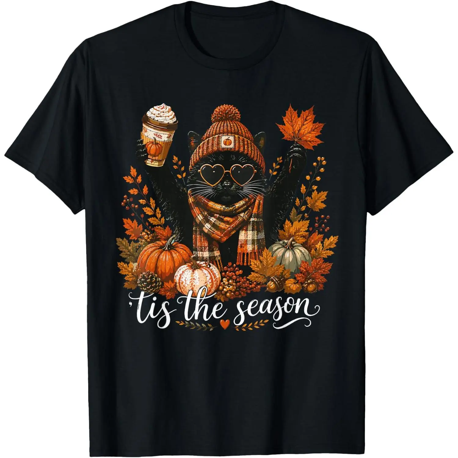 100%cotton Tis The Season Halloween Black Cat Drink Pumpkin Spice Latte T-Shirt