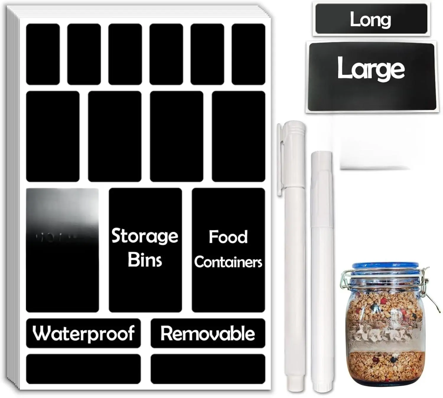 170Pcs Black Removable Waterproof Write-On Self Adhesive Stickers with 2 Liquid Chalk Markers - Office Stationery for Closet, Kitchen Organization, Event Planning, Office Desk Labeling, Closet Organization