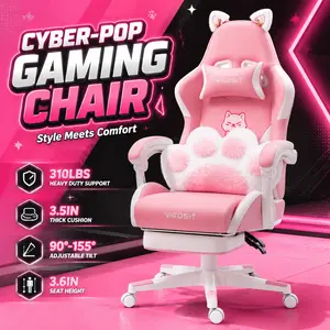 Pink Gaming Chair Ergonomic Computer Desk Chair with Footrest Cute Cat Ears Plush Paw Lumbar Pillow 90-155 Degree Reclining Adjustable Height Heavy Duty 310LBS Capacity WFH PC Gamer Setup Kawaii Room Decor Office Chair for Teens Women
