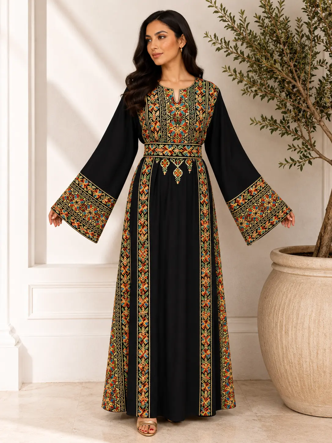 Women's Long-Sleeve Jordanian Design Crepe Thobe - Modest Islamic Robe, Square Neck, Stone Embellished, Embroidery, All Seasonal Cultural Wear, Dry Clean Recommended