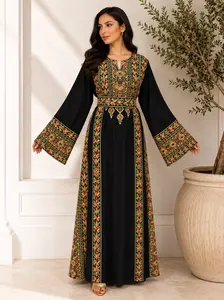 Women's Long-Sleeve Jordanian Design Thobe - Modest Islamic Robe with Unique Stone Embellishments, Cultural Modest Fashion Wear