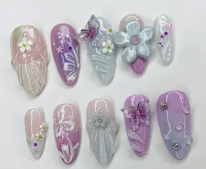 Dreamy Colorful Press On Nails | Summer Vibes with 3D Flower, Butterfly, Mermaid Designs | Cute/Adorable Blue and Pink Nail Art Euniqualandfair