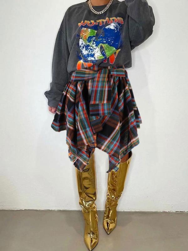 【Plus Size】 Plaid Print Asymmetrical Hem Skirt, Casual Knee Length Skirt for Fall & Winter, Women's Bottoms for Daily Wear