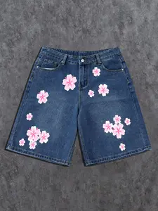Men's Casual Denim Shorts, Deep Blue Jean Base with Cherry Blossom Print, Floral, Loose Fit High Waist, All Seasons