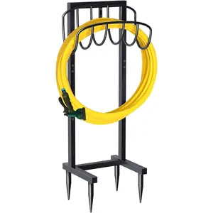 Freestanding Garden Hose Holder with 4 Spikes, Heavy Duty Metal Reel Stand Hanger Rack Organizer, Holds Storage 150ft Hose for Outside Yard Lawn, Black