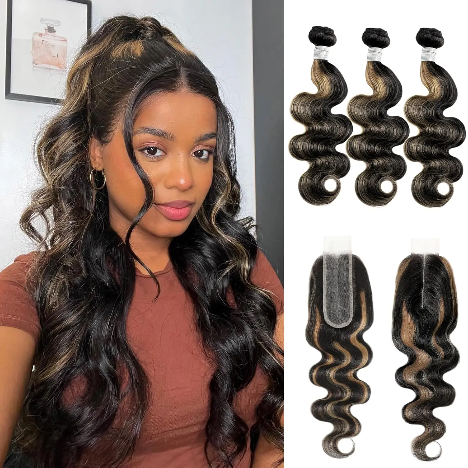 ANMETAN 12A #F1B/27 Blonde Ombre Human Hair Bundles With Lace Closure Body Wave, 100% Hair Black and Blonde Highlight Colored HD Lace Closure and 3 Bundles