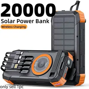 20000mAh True Capacity Solar Charger Power Bank Wireless Charger Built in 4 Cables 7 Outputs 15 Watts Fast Charging Power Bank for All Mobile Devices 3 Inputs Solar Portable Charger with Dual Flashlights, Carabiner and Thermometer Portable Battery Pack