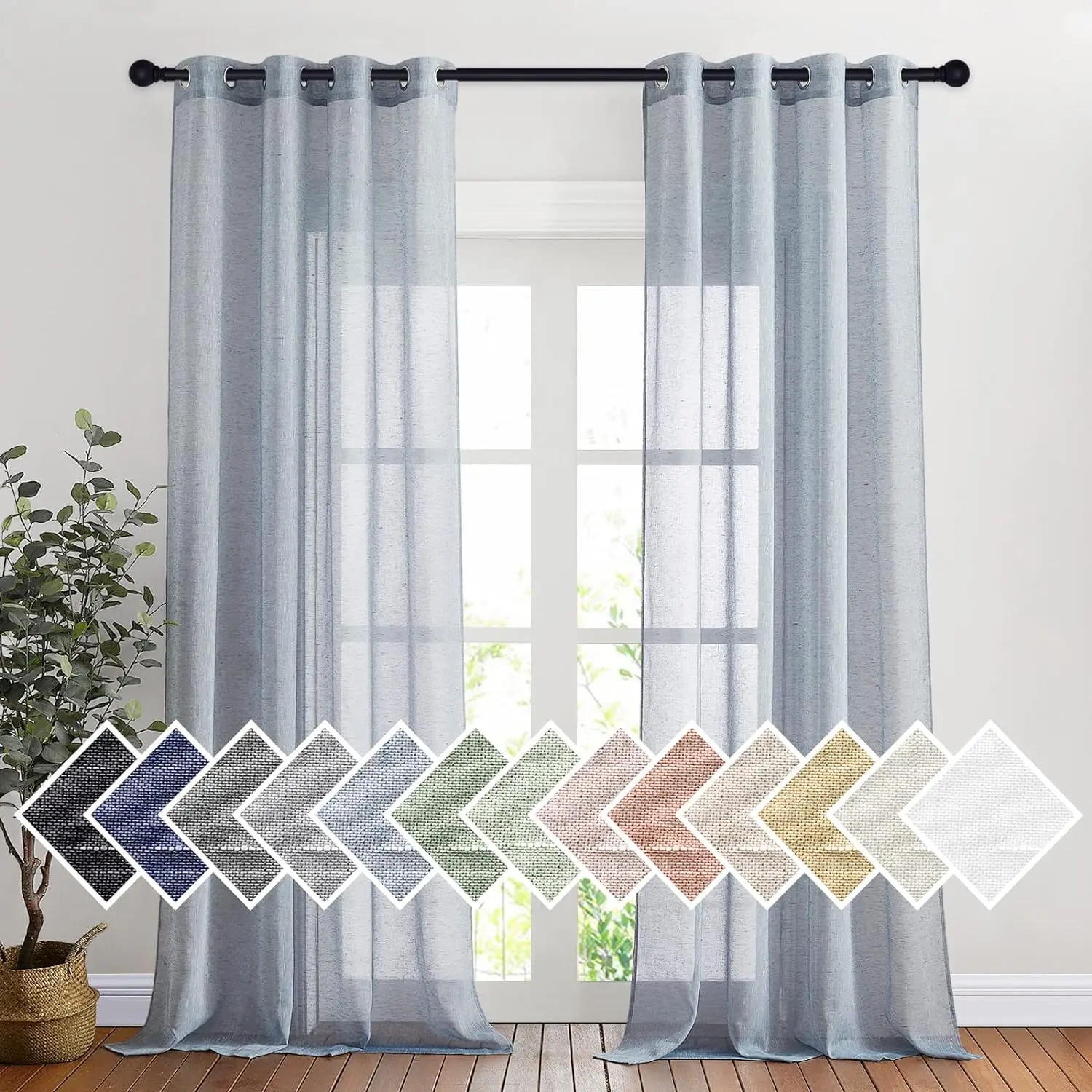 NICETOWN 2-Piece Grommet Sheer Curtains, Wrinkle Resistant Breathable Open Weave Natural Linen Blend Texture, Privacy Balance Semitransparent Drapes for Bedroom, 2 Pieces