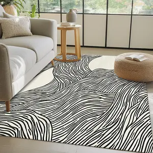 Abstract Wavy Line Area Rug, Modern Black and White Minimalist Rug, Non-Slip Washable Polyester Floor Mat for Bedroom Living Room Office, Contemporary Art Home Decor outdoorfun
